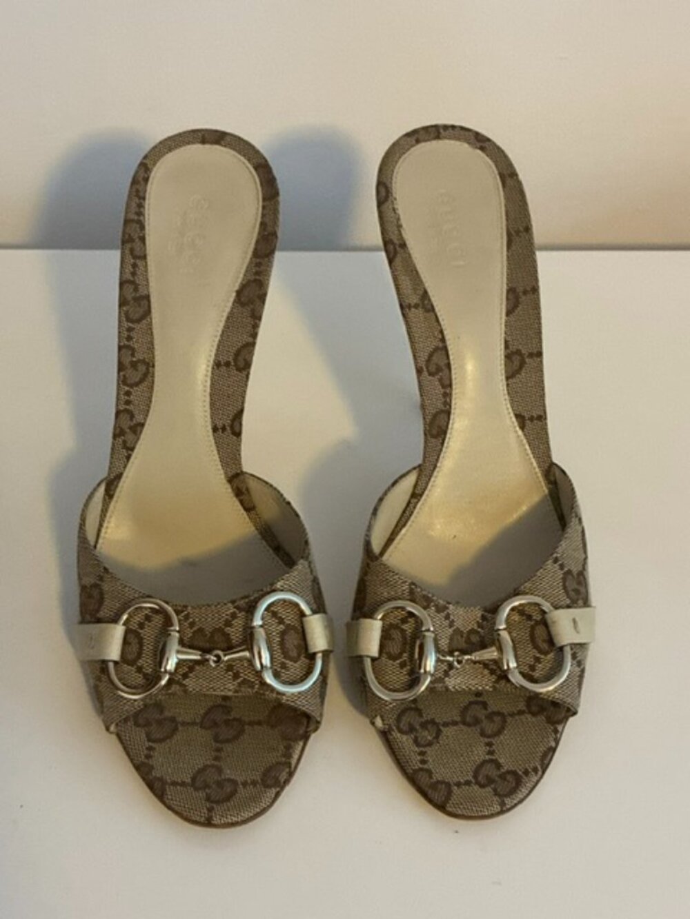 Gucci monogram logo horsebit sandals heels